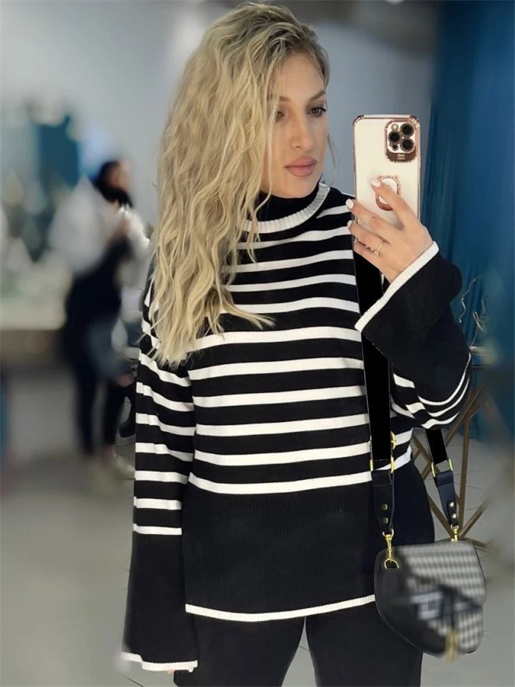 Black And White Stripe Sweater Streetwear Loose Tops Women Pullover Female Jumper Long Sleeve Turtleneck Knitted Ribbed Sweaters