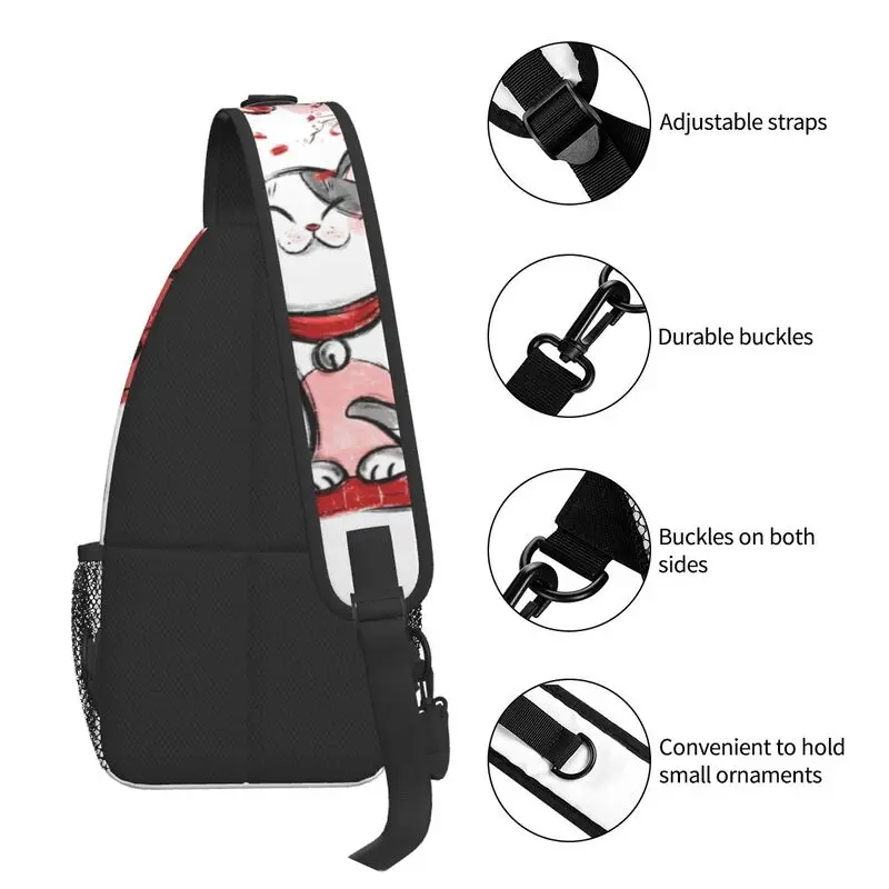 Maneki Neko Sakura Flowers Sling Bag for Cycling Camping Lucky Cat Cherry Blossom Chest Crossbody Backpack Shoulder Daypack