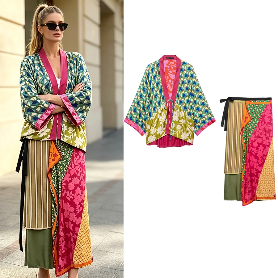 Women Flower Stripe Printed Midi Skirts Two Piece Sets For Women 2026 Summer Chic Tied Blouse Top Suits Woman 2 Piece Outfits