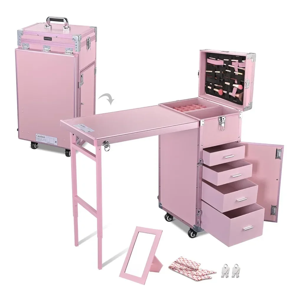 

Foldable Rolling Manicure Table Nail Desk Makeup Train Case with 4 Drawers Mirror & Speaker