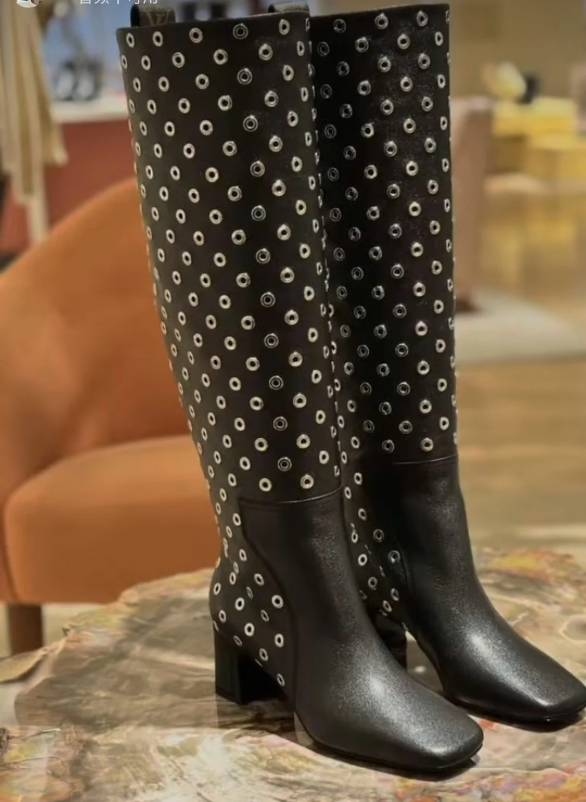 New Fall/Winter Women's Black Leather Sliver Circle Pattern Knee High Boots Square Toe Block Heel Fashion All Match Long Boots