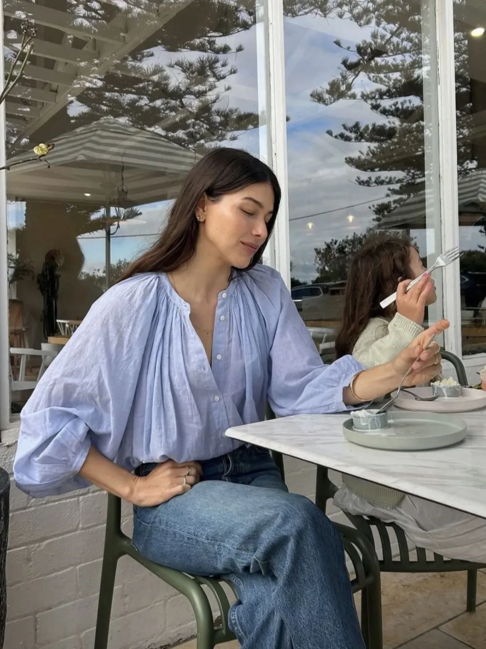 

Женская синяя рубашка из 100% хлопка, осенняя однобортная повседневная женская блузка с круглым вырезом и длинными рукавами, топ