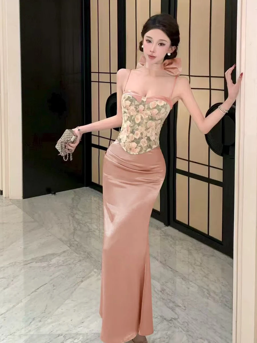 

Sweet Retro Floral Print Tube Top Halter Neck Dress with Bow Tie Neck Three Piece Set Women's Breathable Sexy Style Suit