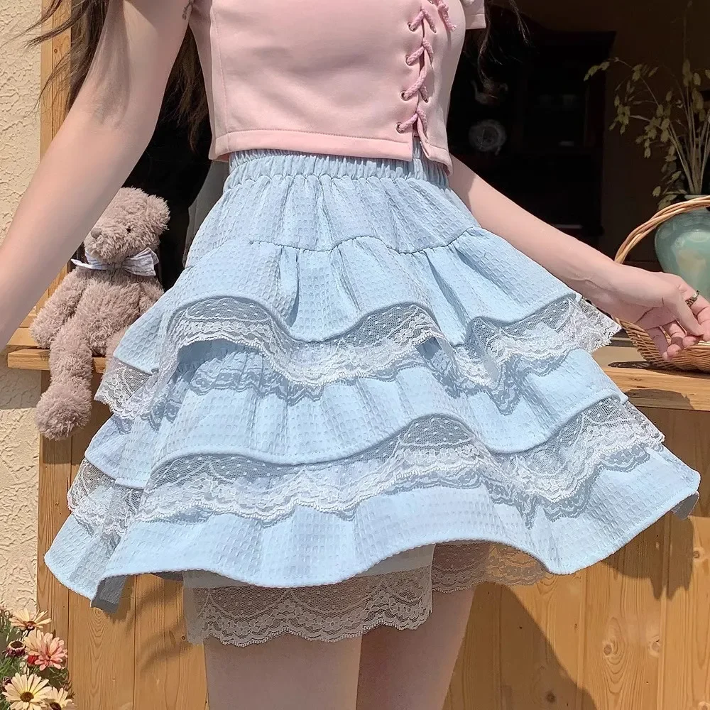 NONSAR Japanese Sweet Lolita Blue Yellow A-Line Mini Skirt Women's Spring Summer High Waist Kawaii Ruffles Lace Cake Skirts