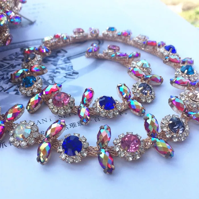 

colorful Rhinestone Beaded lace trim clothing decorative accessories sew on lace trimming motif patches for clothing