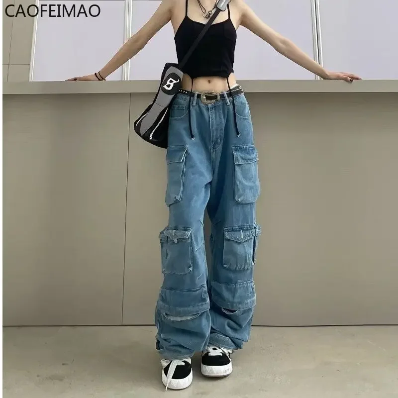 

Multi-Pocket Blue Washed Cargo Pants Y2k Retro High Street Fashion High Waist Jeans Couple Harajuku Simple Casual Wide Leg Pants