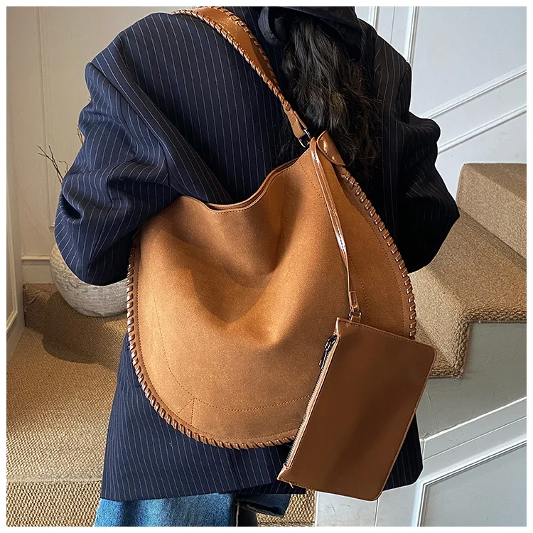 

Винтажная женская сумка из искусственной замши с тканым ремешком, сумка через плечо для женской сумки и кошелька, большая матовая кожаная женская сумка подмышками bolsa