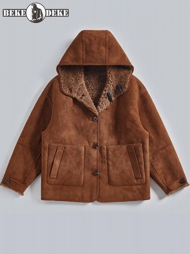 Mens Casual Winter Warm Real Wool Coat Vintage Reversible Hooded Faux Suede Loose Fit Single Breasted Sheep Shearing Jacket Male