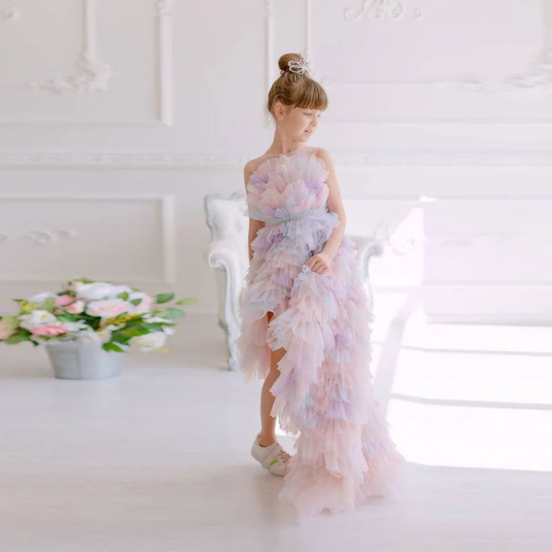 Pretty Mix-Color Ruffled Tulle Dresses For Girls Fully Tutu Tiered Ruffles Pleated Kids Ball Gowns Hi Low Colorful Mesh Child Dr