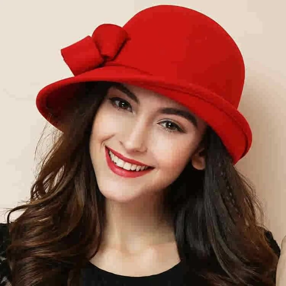 Vintage Style Wool Felt Bucket Hat with Bow Decoration Classic Design Vintage Cloche Fedora Cap Elegant Shape Female Bowler Hat