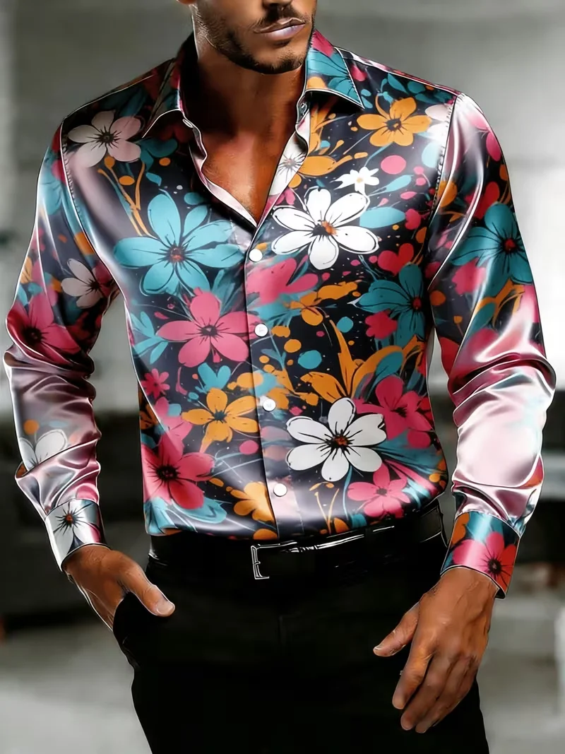 

New oil painting style casual shirt mirror satin multi-color daisy flower art splashed ink printed long sleeved shirt