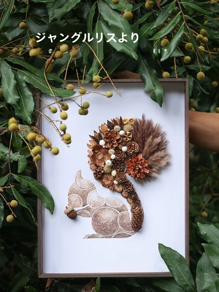 

Nordic Style Squirrel Plant Handmade Painting 3D Wall Art Decorative Picture Living Room Decoration Dry Flower Artwork