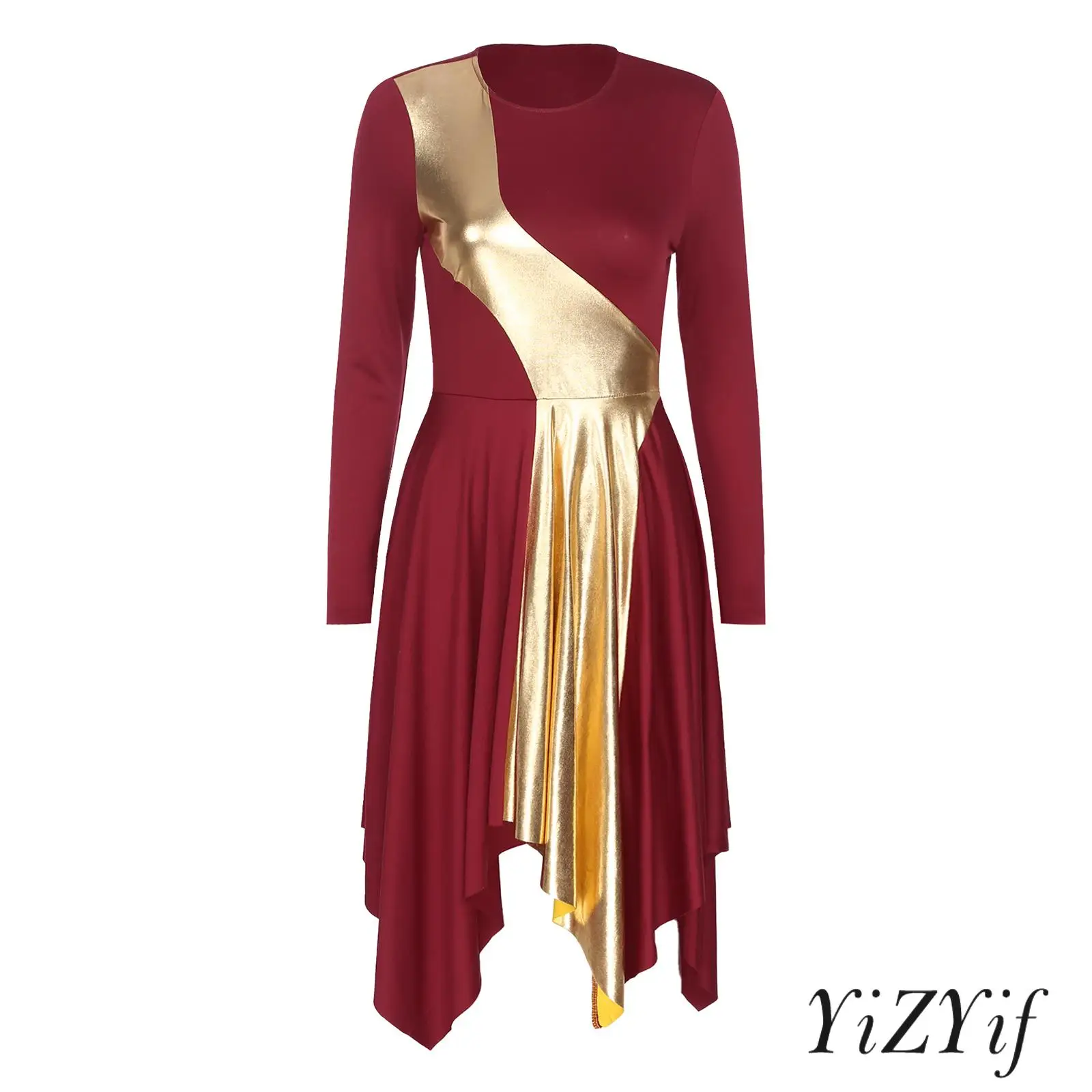 

Womens Worship Lyrical Dress Contrast Color Patchwork Asymmetrical Long Sleeve Dresses Church Praise Dance Performance Outfit