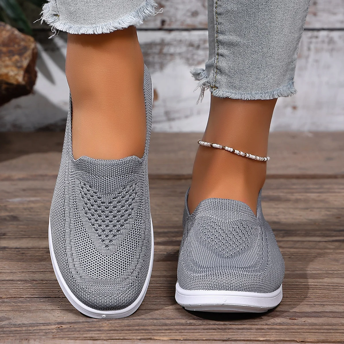 Leichte Damen-Strick-Flachschuhe, Slip-On-Sneaker, atmungsaktive Low-Top-Turnschuhe, Wanderschuhe mit hohler, weicher Sohle – Detail 11