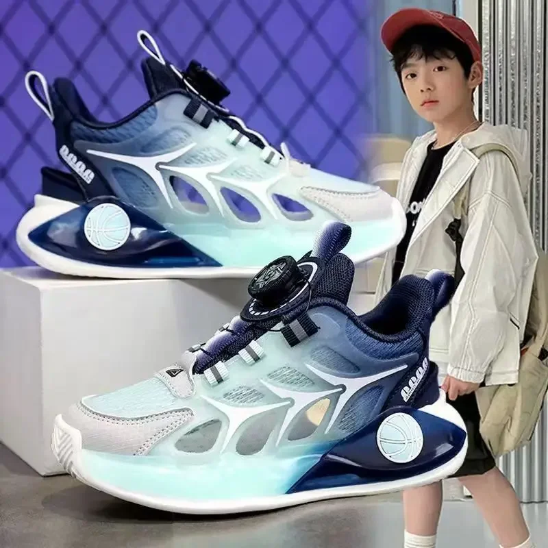 Students Sports Sandals Hollowed-out Kids Basketball Shoes Non-slip 2025 Summer New Children Sneakers Rotating Button Comfort