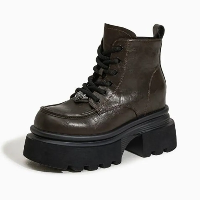 

10CM Microfiber Genuine Leather Ankle Boots Platform Motorcycle Chelsea Booties Women New Autumn Spring Zipper Chunky Sneakers