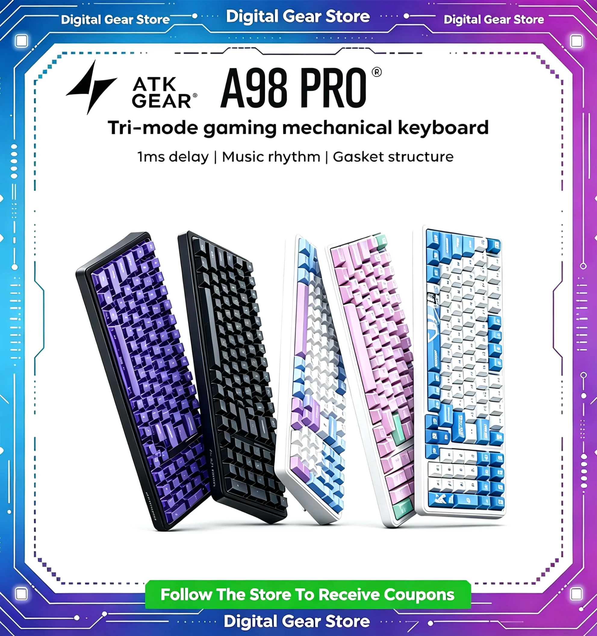 ATK A98 PRO Mechanical Keyboard Tir-Mode Wireless 98 Percent Layout Hot Swap Ergonomic Gaming Keyboard for Esports Office Gift