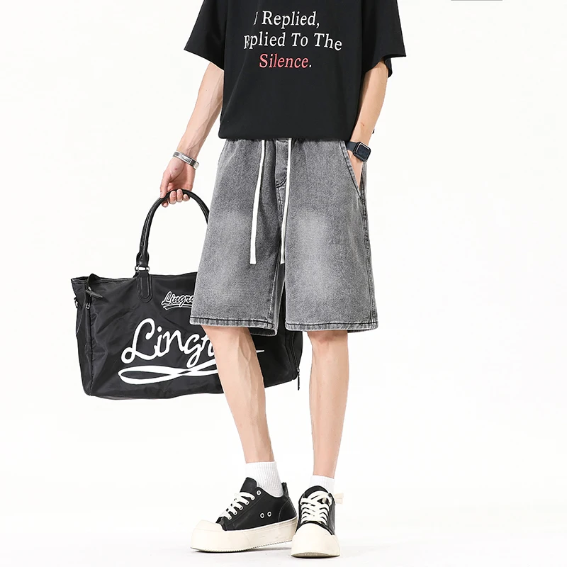 Smoke Grey Summer Men's Elastic Waist Drawstring Jeans Mid-Length Pants Non-Stretch Comfortable Fit Casual Trousers