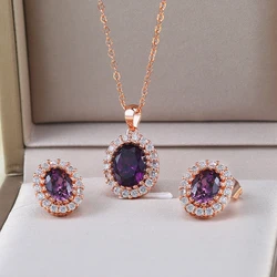 Classic Luxury Purple Crystal RoseGold Color Fashion Jewelry Set Top Quality ZYS384