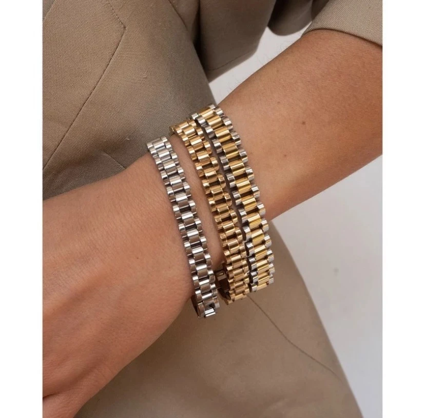 Titanium With 18 K Gold  Pave Watch Strap Statement Bracelet Women Stainless Steel Jewelry Chic Gown Japan South Korea Fashion