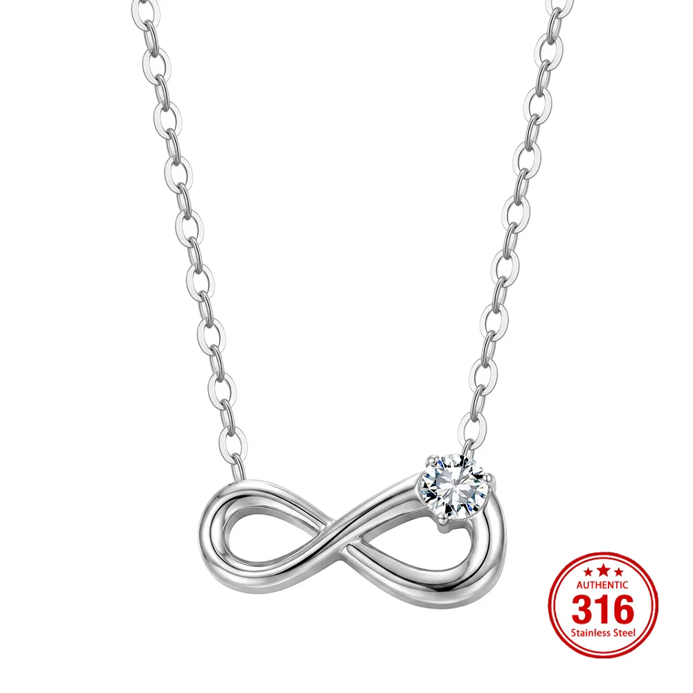 KISS MANDY Stainless Steel Infinity Necklace Classic Zircon Charm Infinite Bowknot Pendant Choker Fashion Jewelry Gift HTKN03