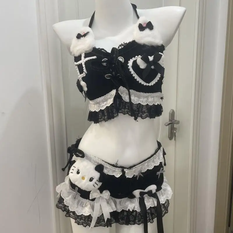 

Купальник Sanrio, 2 шт., сексуальное бикини Hello Kitty, летняя мода для девочек, черно-белые популярные девушки, стильные бретели, мягкие девушки ручной работы