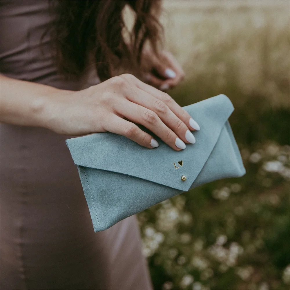 Personalised Suede Clutch Bag in Pink, Blue, Mint Green and Tan Brown - Monogram Pink Pencil Case or Make Up Bag in Suede Leathe