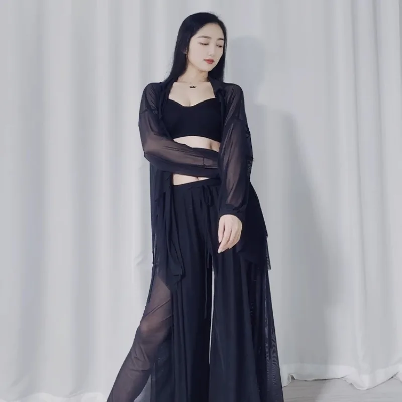 أزياء الرقص الشرقي المخصصة فستان الممارسة 2025 جديد الرقص الحديث شبكة بنطال ذو قصة أرجل واسعة مجموعة أسود