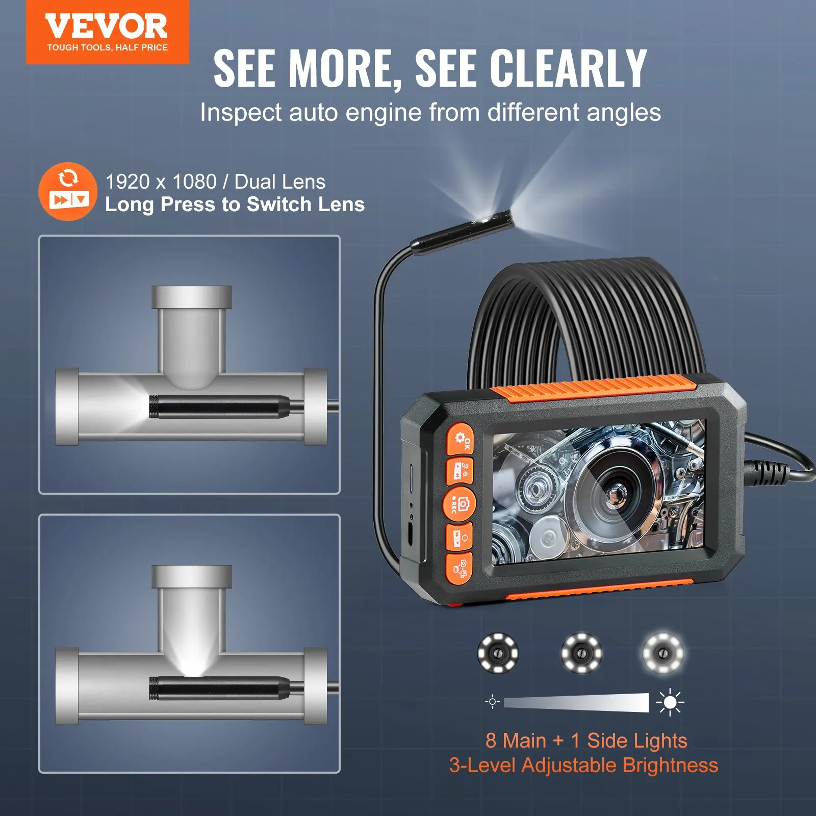 

Endoscope Camera With Lights Dual Lens Borescope 16.4FT Cable 4.3Screen