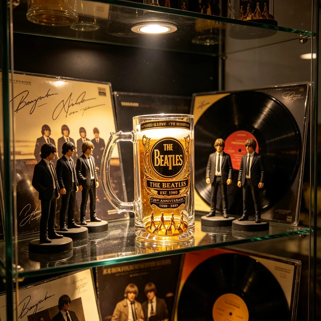 The Beatles 66th Anniversary Glass Beer Mug Retro British Rock Band Sticker Print Large Handle Drinking Cup Vinyl Record Room