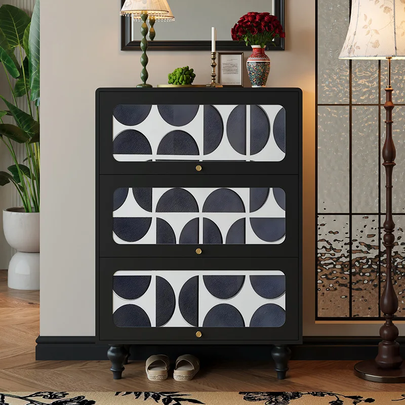 French retro geometric home shoe cabinet, entrance cabinet, household living room integrated against the wall, solid wood functi