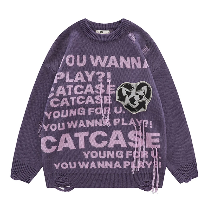 

Hip Hop Streetwear Men Sweaters Hole Letter Print Harajuku Retro Oversize O-neck Knitted Pullover Autumn Fashion Man's Sweaters