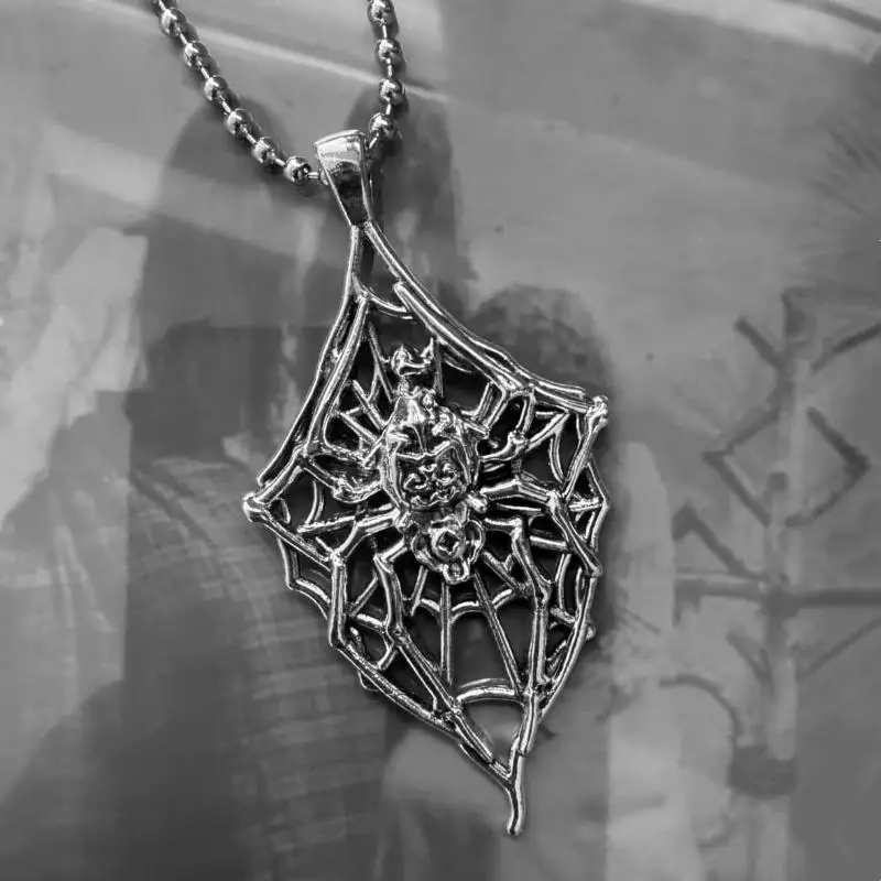 Gothic Silver Tone Rhombus Hollow Spider Web Pendant Bead Chain Necklace For Women Halloween Punk Dark Aesthetic Jewelry