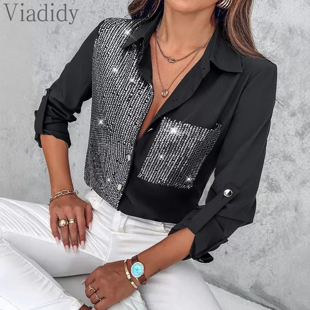 Women Casual Solid Color Sequin Decor Long Sleeve Button Front Shirt Blouse