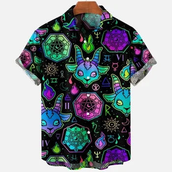 Diabo horror 3d impressão camisa havaiana roupas masculinas soltas respirável camisas masculinas verão camisa masculina roupas de manga curta