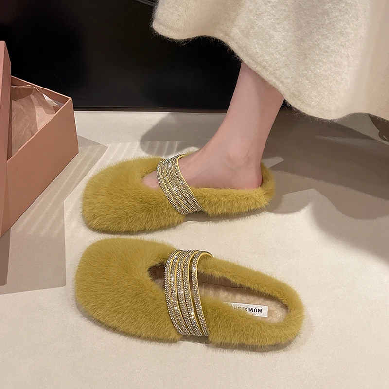 

French Mary Jane women's shoes, new mink fur autumn and winter new style, suitable for outer wear, cotton shoes, slip-on, warm