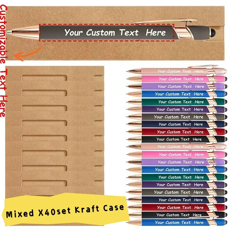 40 sets aanpasbare metalen balpennen set kraftpapier etui gegraveerd met namen bedrijfswebsites voor verjaardagscadeaus