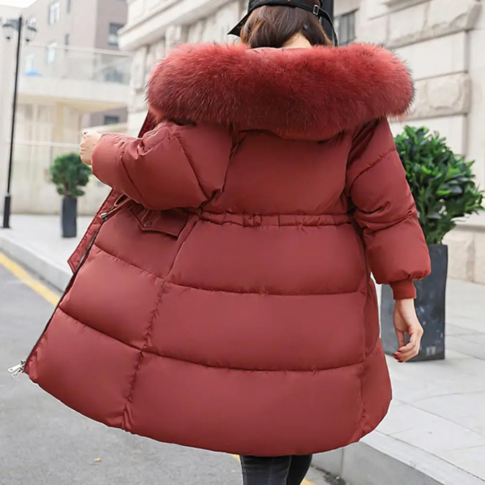 Winter Women Long Pakas With Furry Hood Thickened Drawstring Waist Padded Down Coat Mid Length Zipper Closure Cold Weather Coat