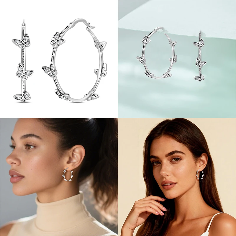 

100% 925 Sterling Silver Zircon Butterfly Large Hoop Earring For Women Fashion Birthday Party Wedding Jewelry Engagement Jewelry