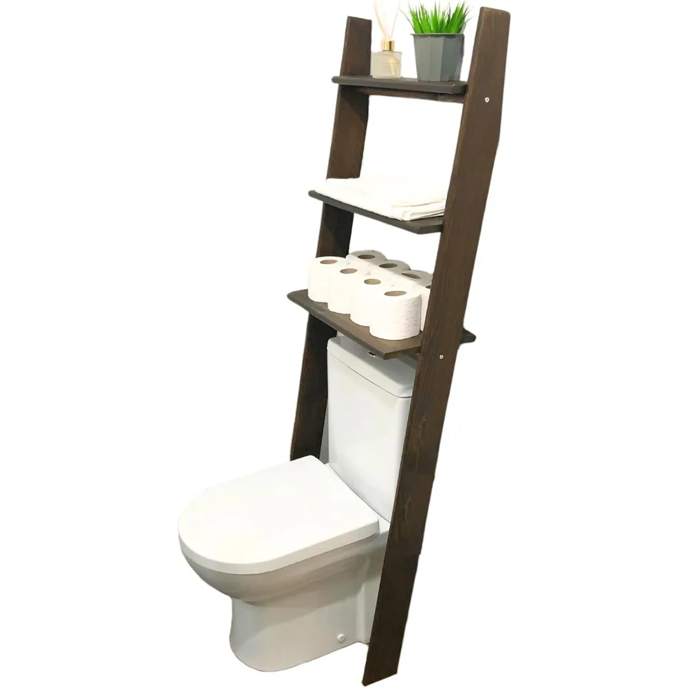 Over The Toilet Birch Wood Bathroom Organizer Shelves, 3-Tier Freestanding Above Toilet Storage Ladder Shelf