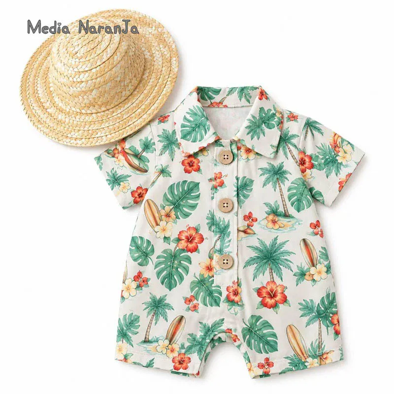 Newborn photography props tropical island vacation romper straw hat set baby boy girl palm tree leaf Hawaiian photoshoot outfit
