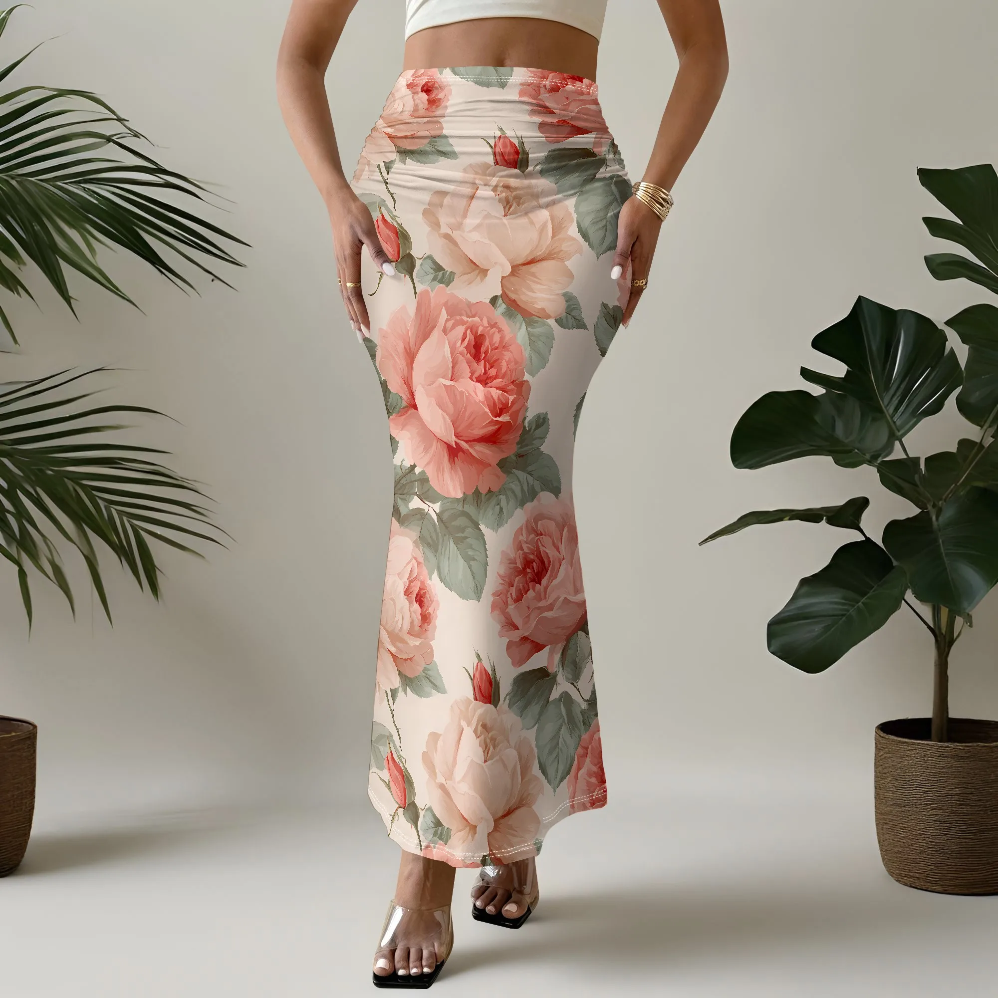 Floral Mermaid Skirt, Rose Print Midi Skirt, High Waist Bodycon Skirt, Elegant Summer Beach Wear for Women, S-2XL
