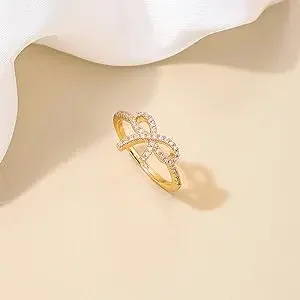 Classic Lovely Gold Plated Bow Ring for Women Fashion Retro Diamond Studded Bow Ring for Girls Birthday Graduation Gifts