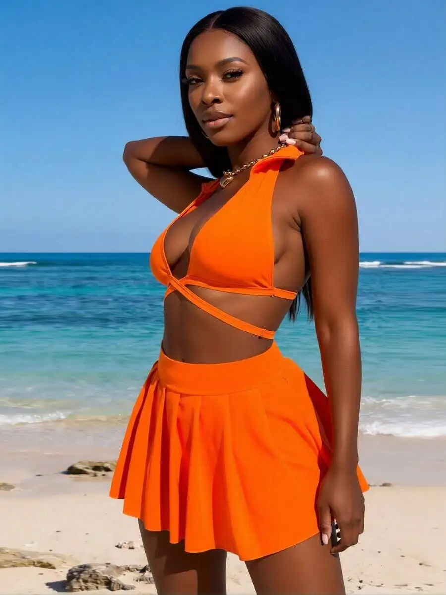 Womens Orange Halter Crop Top And Pleated Mini Skirt Two Piece Set Summer Beach Outfit view 3
