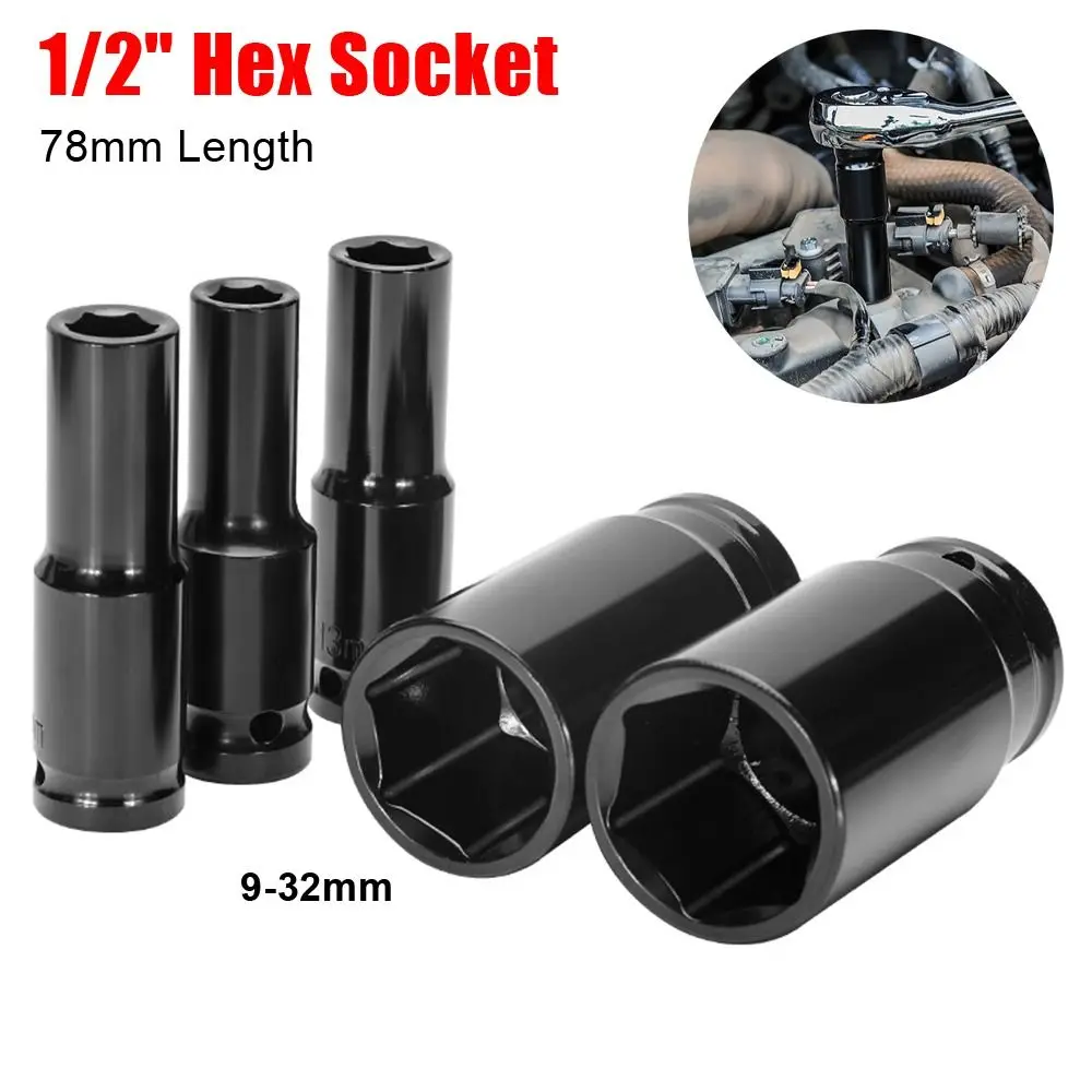 

1Pcs Spanner Converter Reducer 1/2" Hex Socket 9-32mm Electric Hex Standard Impact Wrench Drive Socket 78mm Length Black