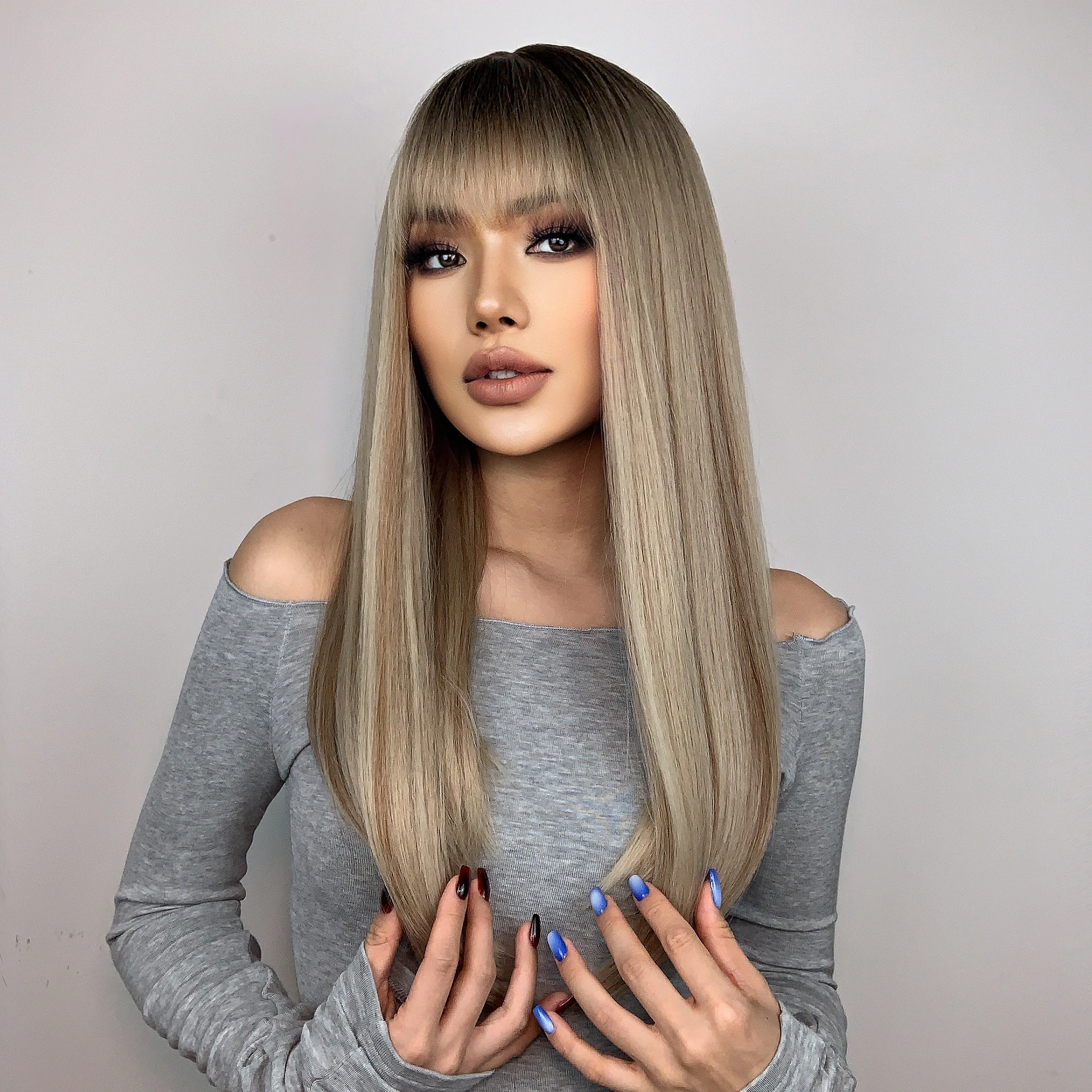 HENRY MARGU Long Straight Synthetic Wigs for Women Natural Brown Blonde Wig with Bangs Heat Resistant Cosplay Party Hair