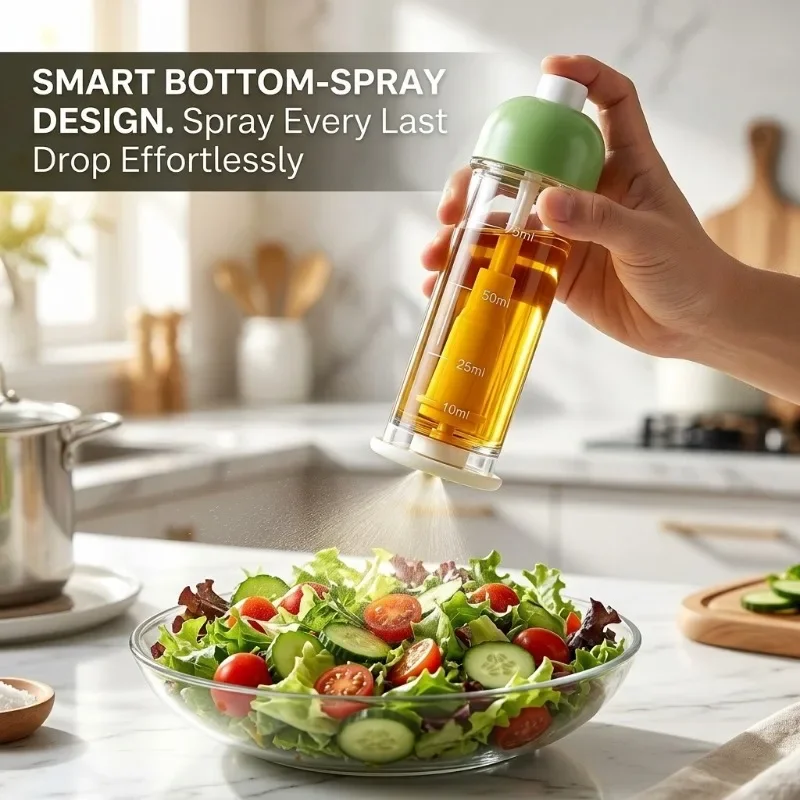 Press Type Down Spray Oil Sprayer, Transparent Measuring Cooking Oil Mister Bottle with Non‑Slip Base for Kitchen BBQ Air Fryer