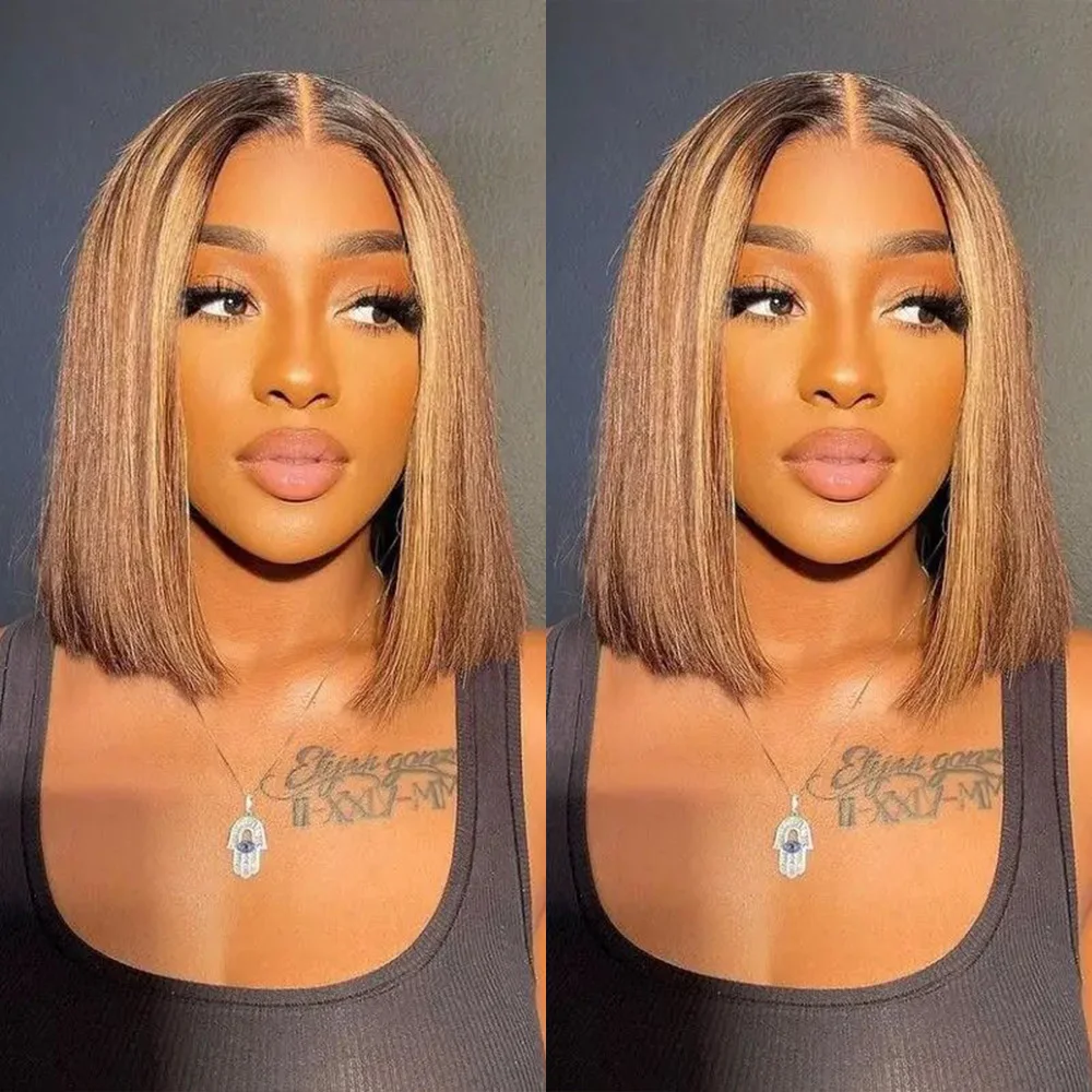 

8-дюймовый парик для фортепиано 4/27 Ombre Brown to Blonde Bob Парик с плотностью 180% Парик фронта шнурка 4x4 Бразильские человеческие волосы Remy