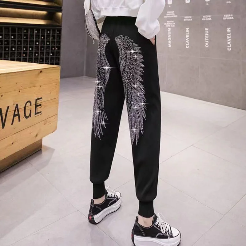 Trendy Harem Pants for Women Fashionable Streetwear Capris Rhinestone Wings Loose Trousers Female Casual Sports Sweatpants