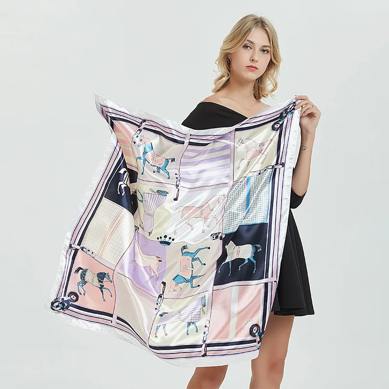 1 Piece 90cm Women Fashion Big Square Scarf Satin Imitation Silk Horse Pattern Printed Shawl Scarf for Women